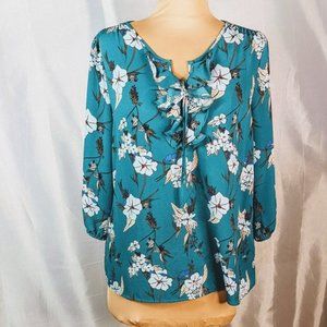 NEW DIRECTIONS Ruffled V-Neck Three Quarter Puff Sleeve Floral Top Turquoise Med